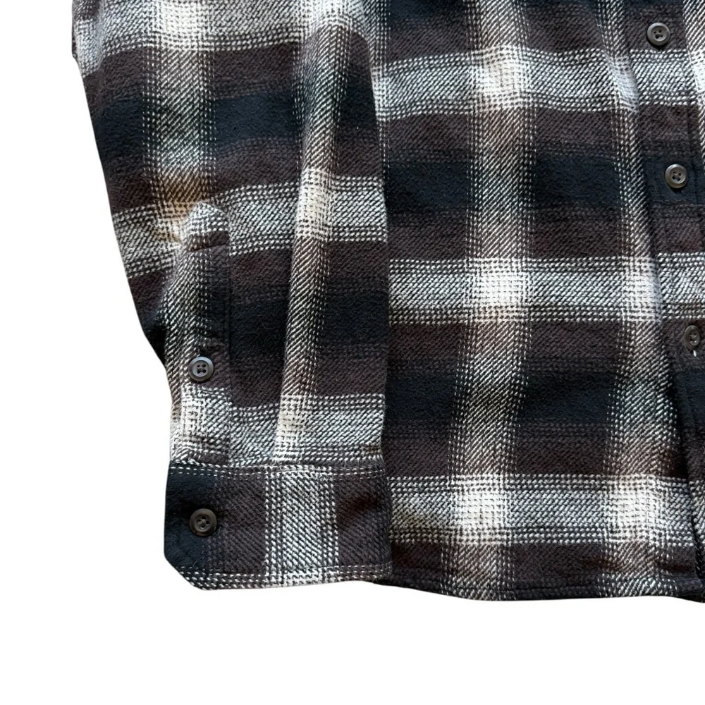 Orvis Mens Plaid Flannel Shirt Jacket L Brown Beige Plaid Overshirt Gorp Outdoor